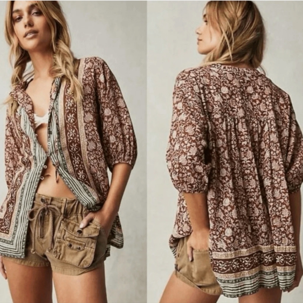 We The Free Brown Floral Button-Front Boho Blouse